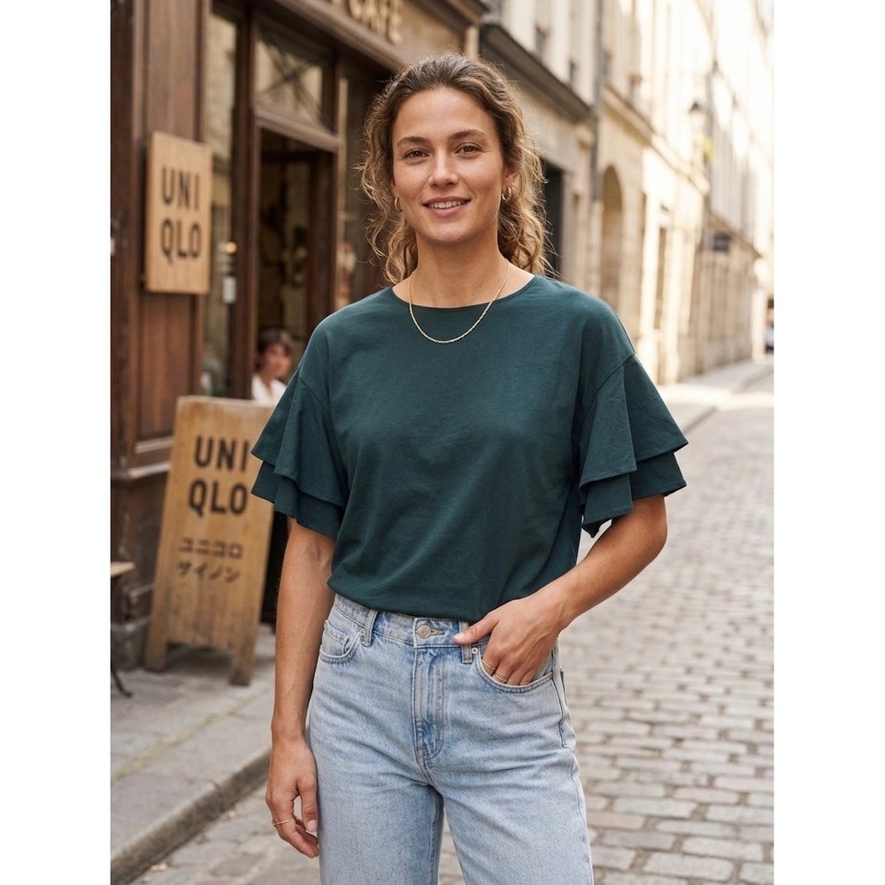Uniqlo Womens Dark Green Ruffle Tiered Short Sleeve Cotton T-Shirt Top Large